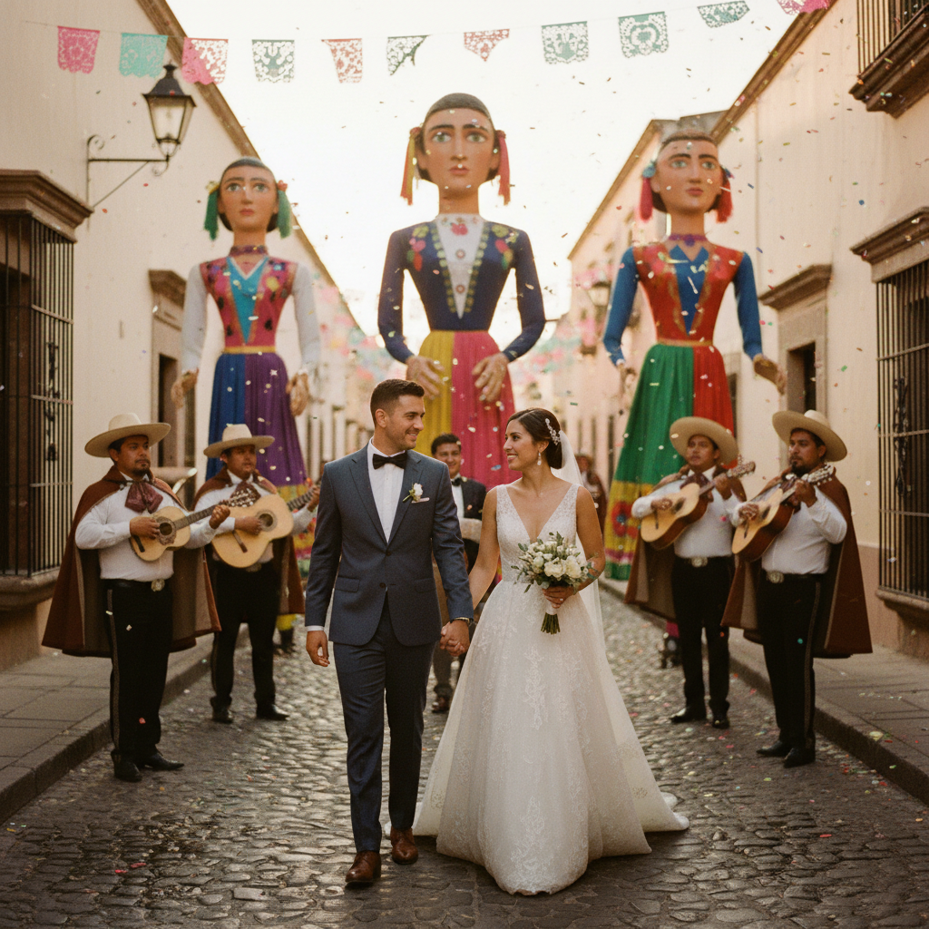 Pareja de recién casados liderando una callejoneada de boda en San Miguel de Allende, con mojigangas gigantes y estudiantina al fondo.