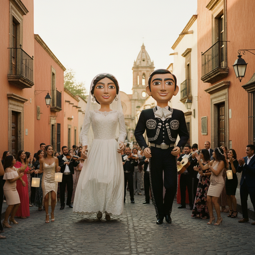 Una alegre callejoneada de boda avanzando por una calle empedrada de San Miguel de Allende, con mojigangas gigantes de los novios, invitados sonrientes y la arquitectura colonial de fondo en la hora dorada.