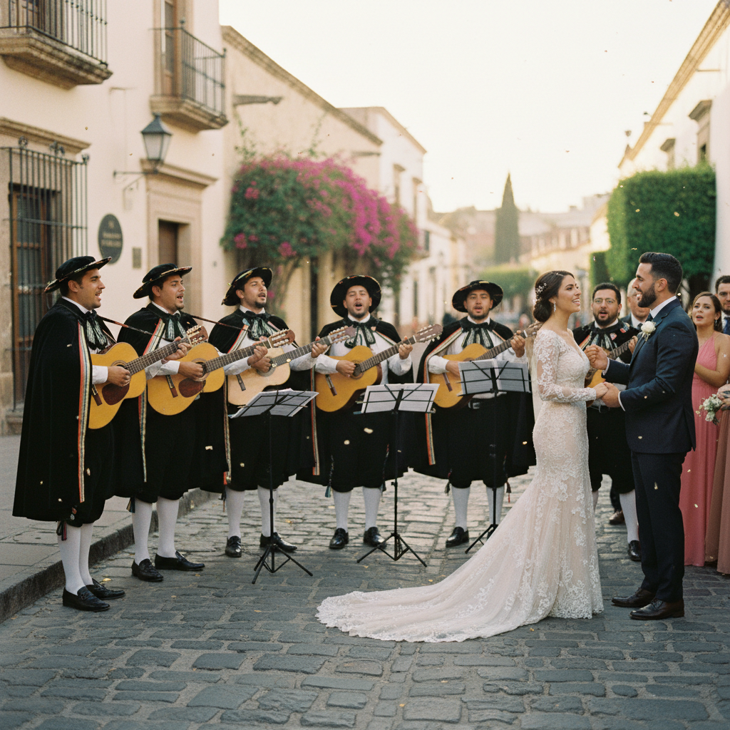 Una estudiantina tradicional con sus trajes de época tocando guitarras y cantando con entusiasmo en una calle colonial de San Miguel de Allende durante una boda.