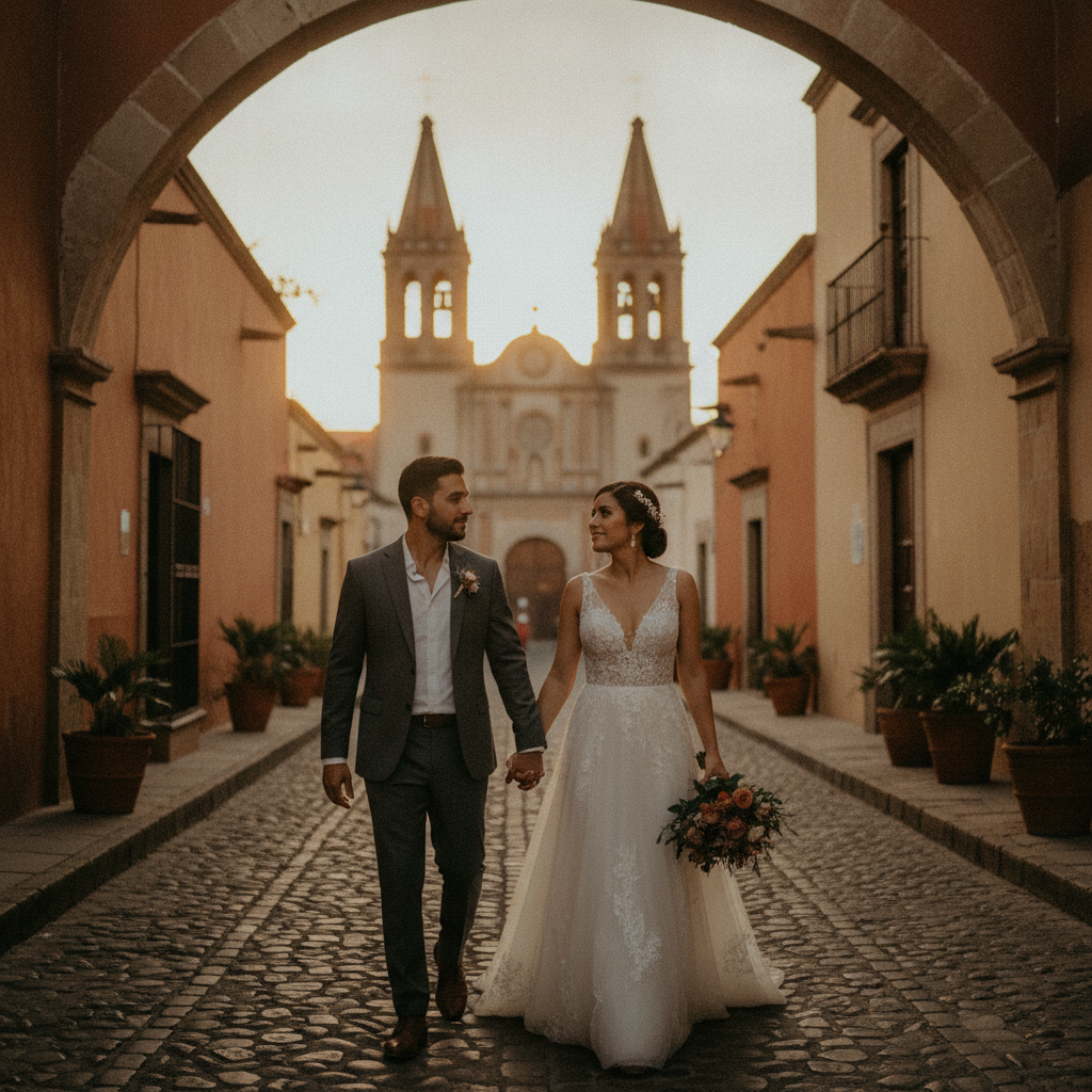 Pareja de novios caminando por las calles empedradas de San Miguel de Allende durante su callejoneada nupcial al atardecer.