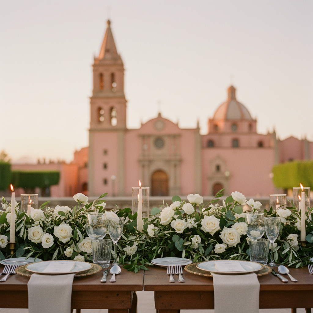 alt: Mesa de honor en una boda en San Miguel de Allende, con arreglos florales y vista a la Parroquia de San Miguel Arcángel.