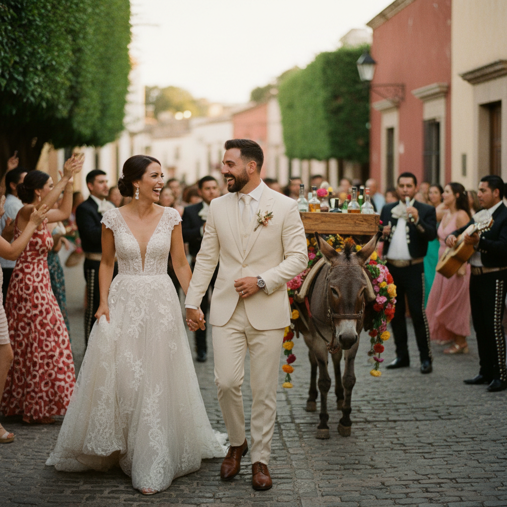 alt: Pareja de novios durante su callejoneada en San Miguel de Allende, con el burro-bar y la estudiantina detrás.