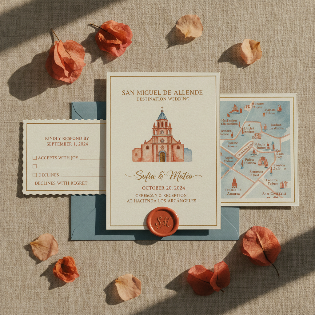 alt: Detalle de una invitación de boda para un evento en San Miguel de Allende, con una ilustración de la parroquia.