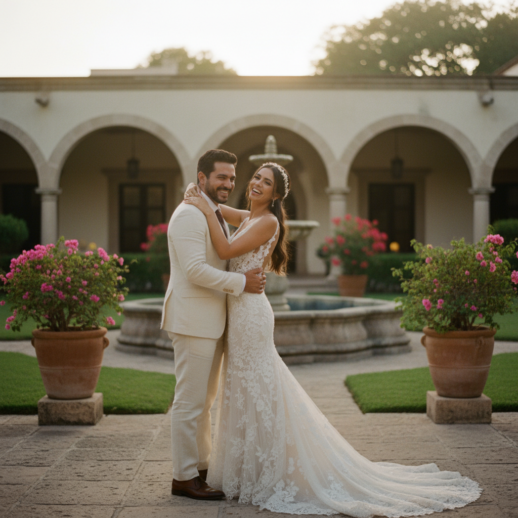 Pareja de novios sonrientes abrazándose en una hacienda colonial mexicana al atardecer, celebrando su boda, con iluminación cálida y ambiente romántico.