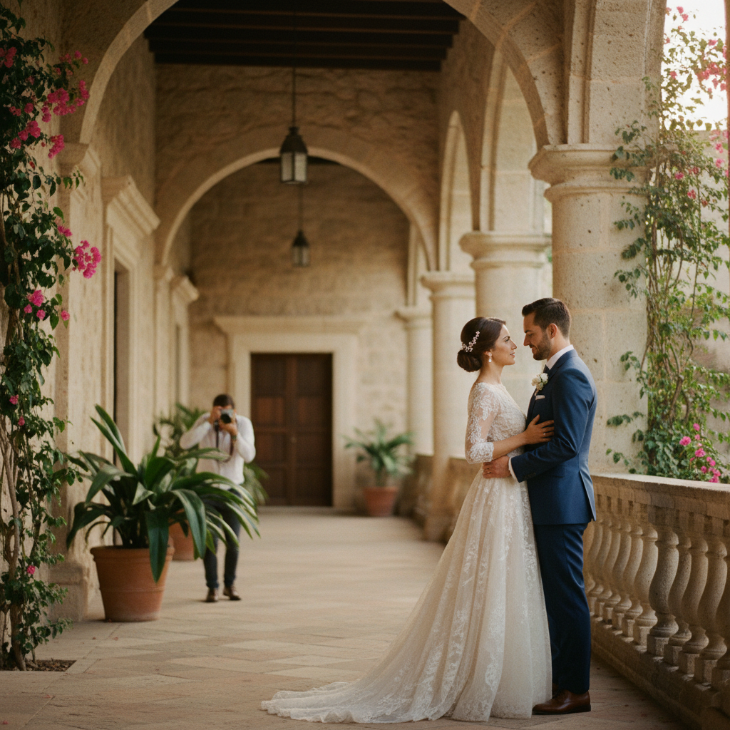 alt: Una pareja de novios en una hacienda de Querétaro, el fotógrafo captura un momento íntimo con luz natural del atardecer, destacando la arquitectura colonial.