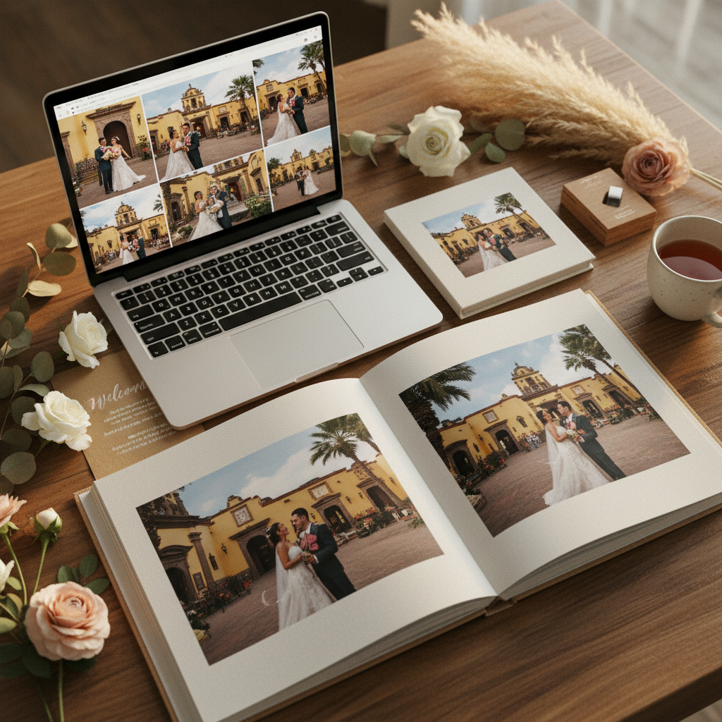 alt: Una galería de fotos de boda de una pareja en Guadalajara, mostrada en una laptop sobre una mesa de madera, con muestras de álbumes impresos al lado.