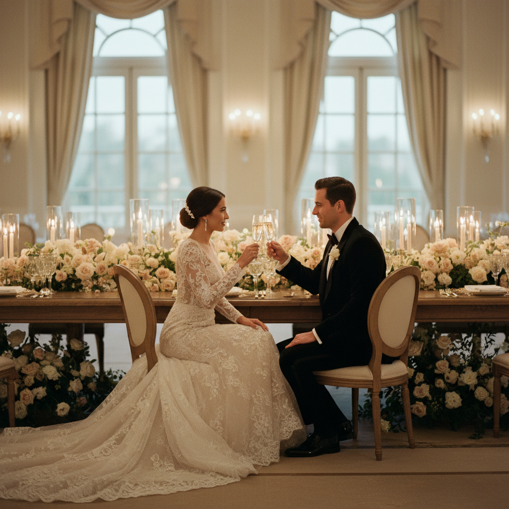 Pareja feliz brindando en su banquete de bodas elegante con flores y cristalería fina