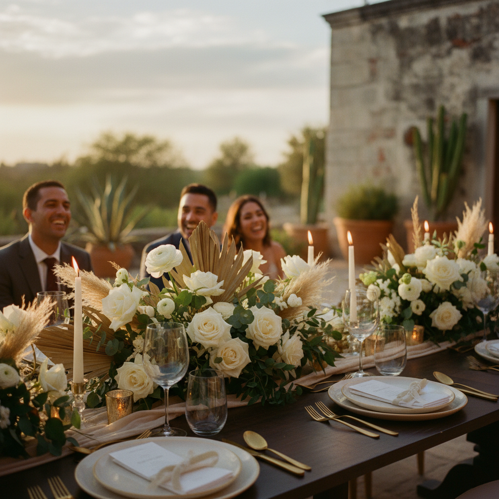 Una mesa elegante en una boda con platos y cubiertos, reflejando cuánto cuesta un banquete de boda por persona