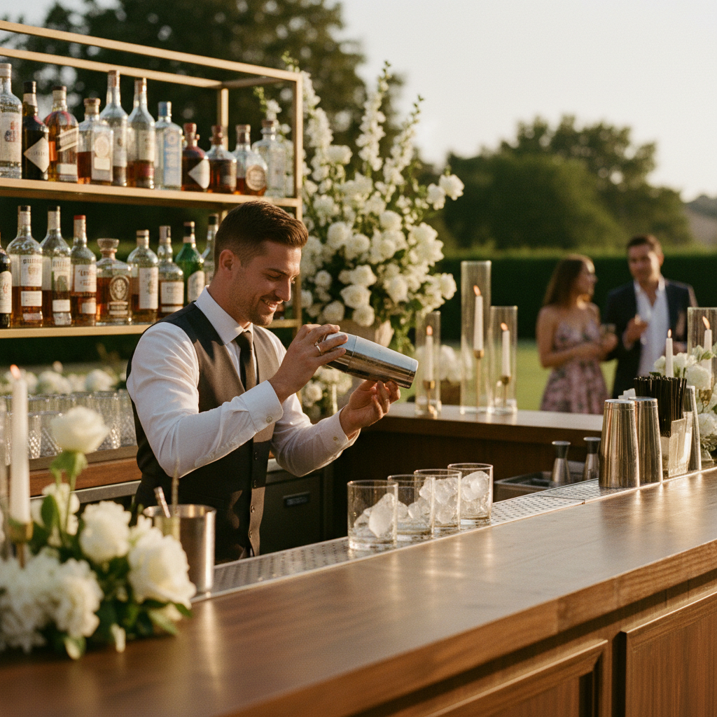 Barra libre de boda con botellas premium y un bartender, elemento clave en el costo del banquete por persona