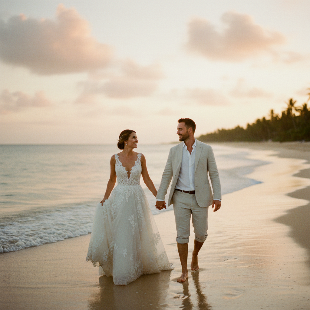 Pareja feliz de recién casados caminando descalzos por la orilla de una playa tropical al atardecer, con el mar y un cielo anaranjado de fondo.