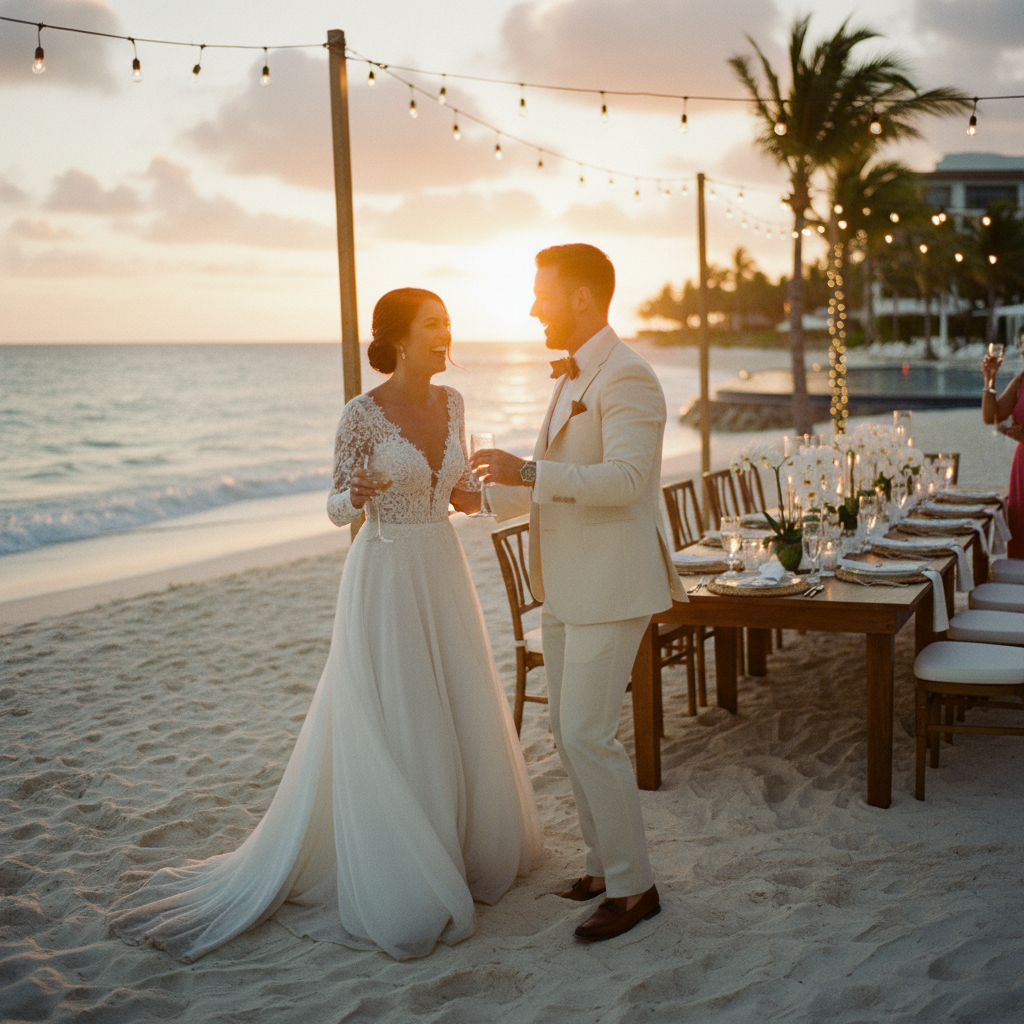Una pareja de novios celebra en la playa de un resort de lujo durante su boda en un hotel todo incluido.