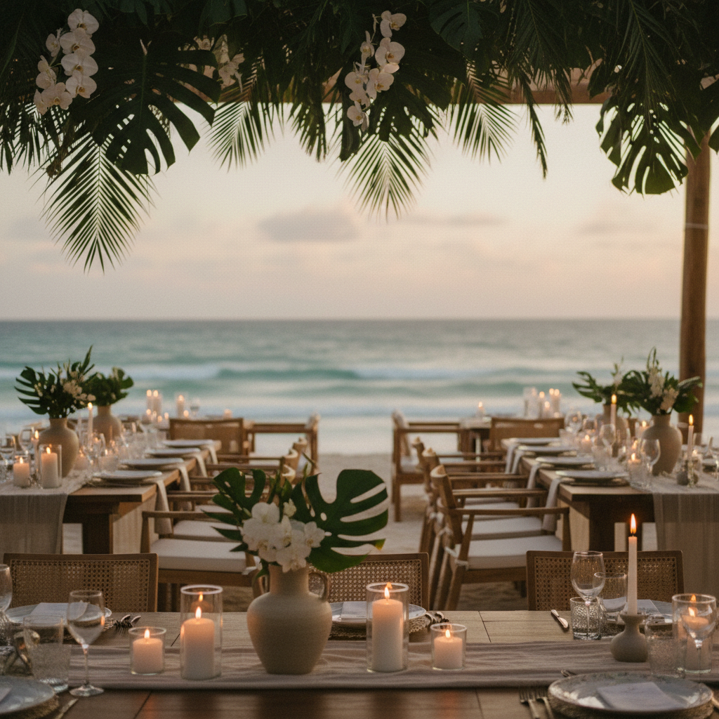 Una recepción de boda íntima y elegante dentro de un venue privado frente al mar en Tulum.