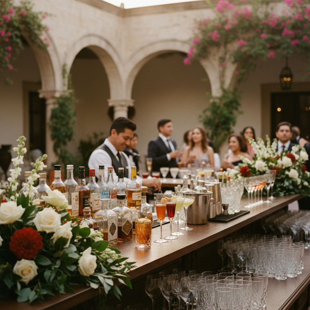 Elegante barra de bebidas con variedad de licores y cristalería fina, decorada para una boda en México.