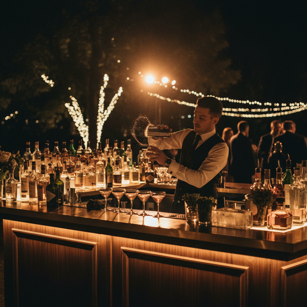 Vista de una barra de bebidas elegante en una boda de noche, con botellas premium iluminadas desde abajo y un bartender preparando un coctel.