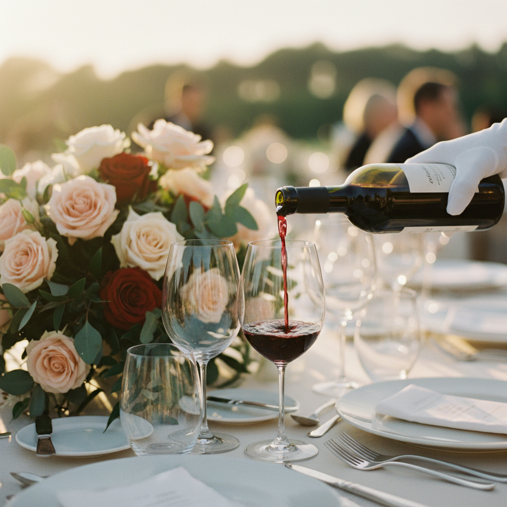 Detalle de un mesero sirviendo copas de vino tinto en una mesa de boda elegantemente decorada antes de que lleguen los invitados.