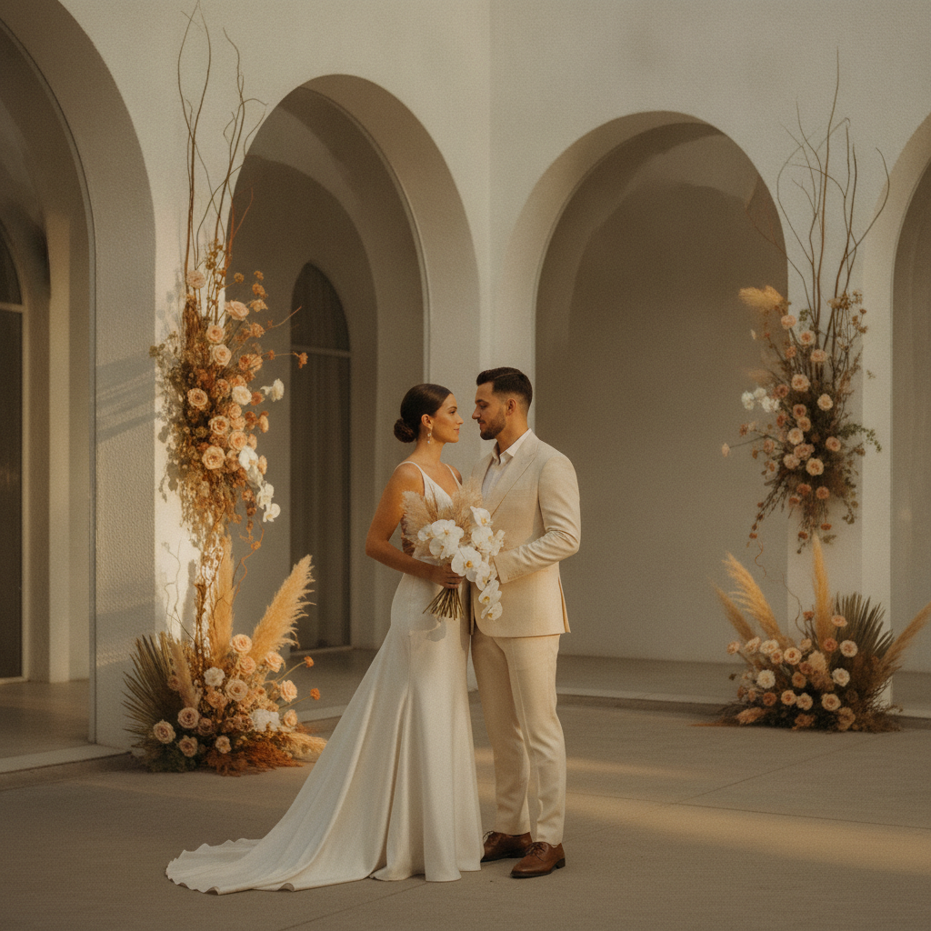 Pareja feliz en su boda minimalista en CDMX, con decoración elegante y arquitectura moderna en el fondo.