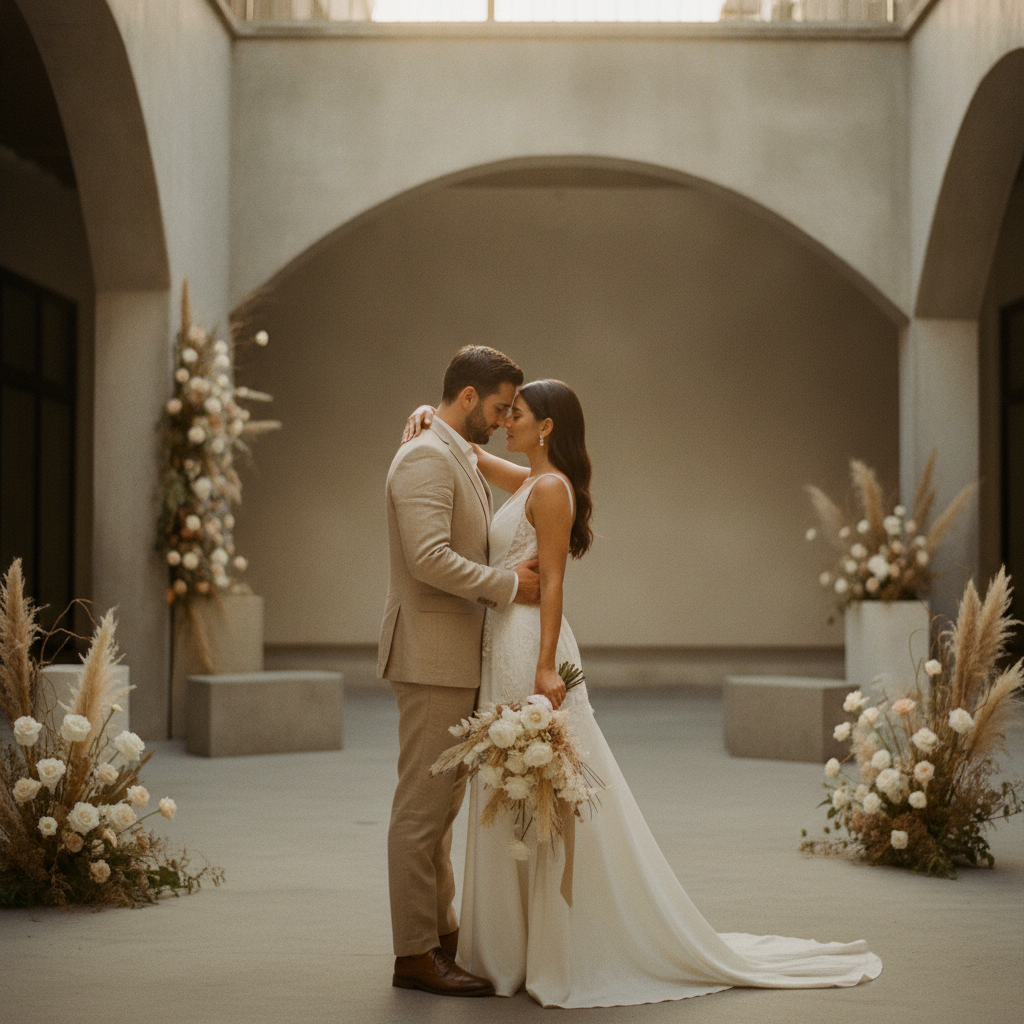 Una pareja celebra en su boda minimalista CDMX con decoración elegante