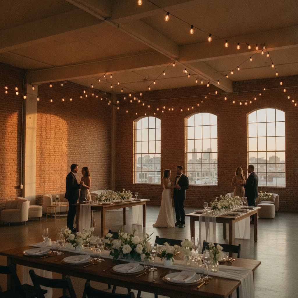 Un venue tipo loft industrial en la Ciudad de México decorado para una boda minimalista