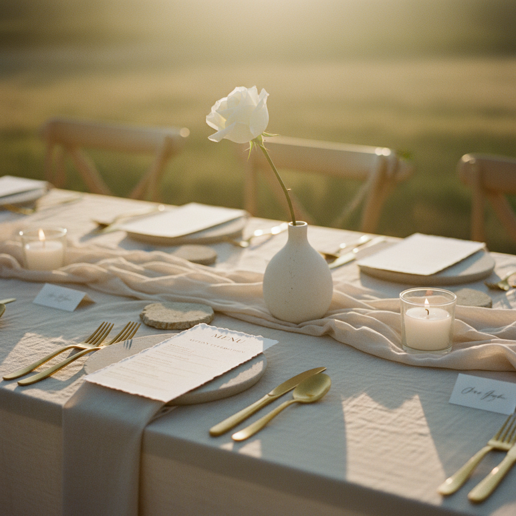 Montaje de mesa para boda minimalista con paleta de colores neutra