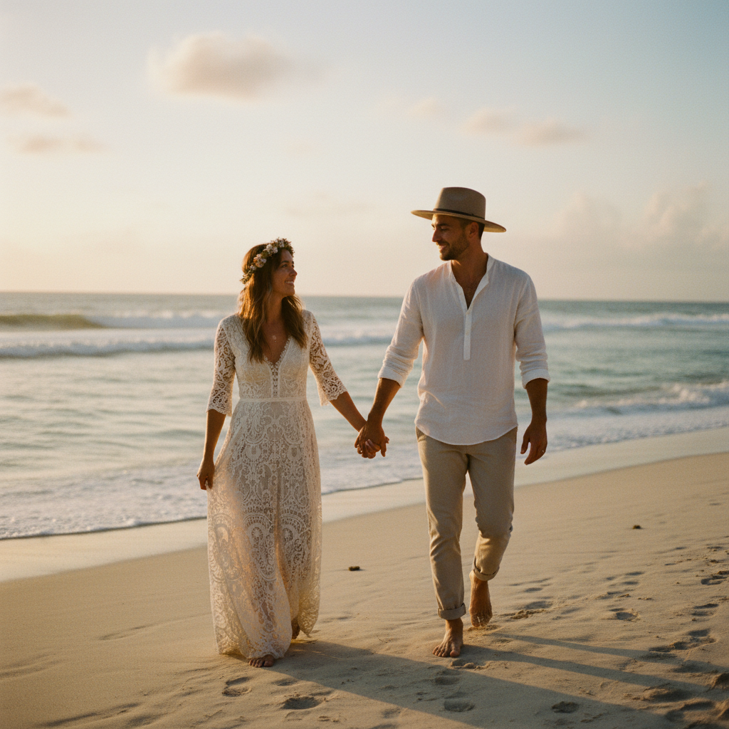 Pareja feliz disfrutando una luna de miel económica en una playa mexicana al atardecer, luz cálida.
