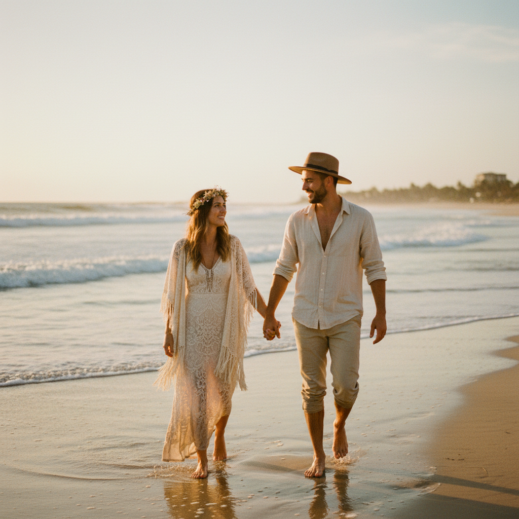 Pareja disfrutando de una luna de miel económica en México en una playa tranquila