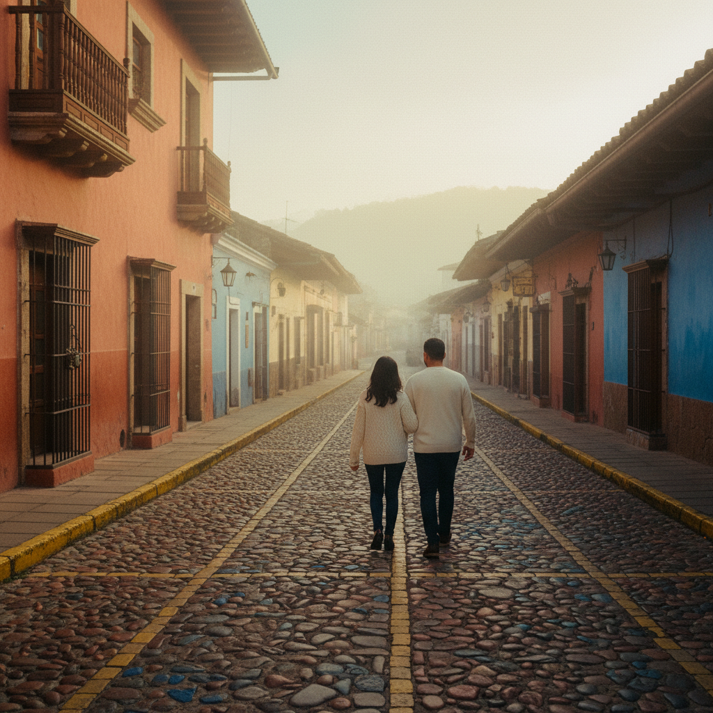 Pareja explorando las calles coloniales de San Cristóbal de las Casas en su luna de miel