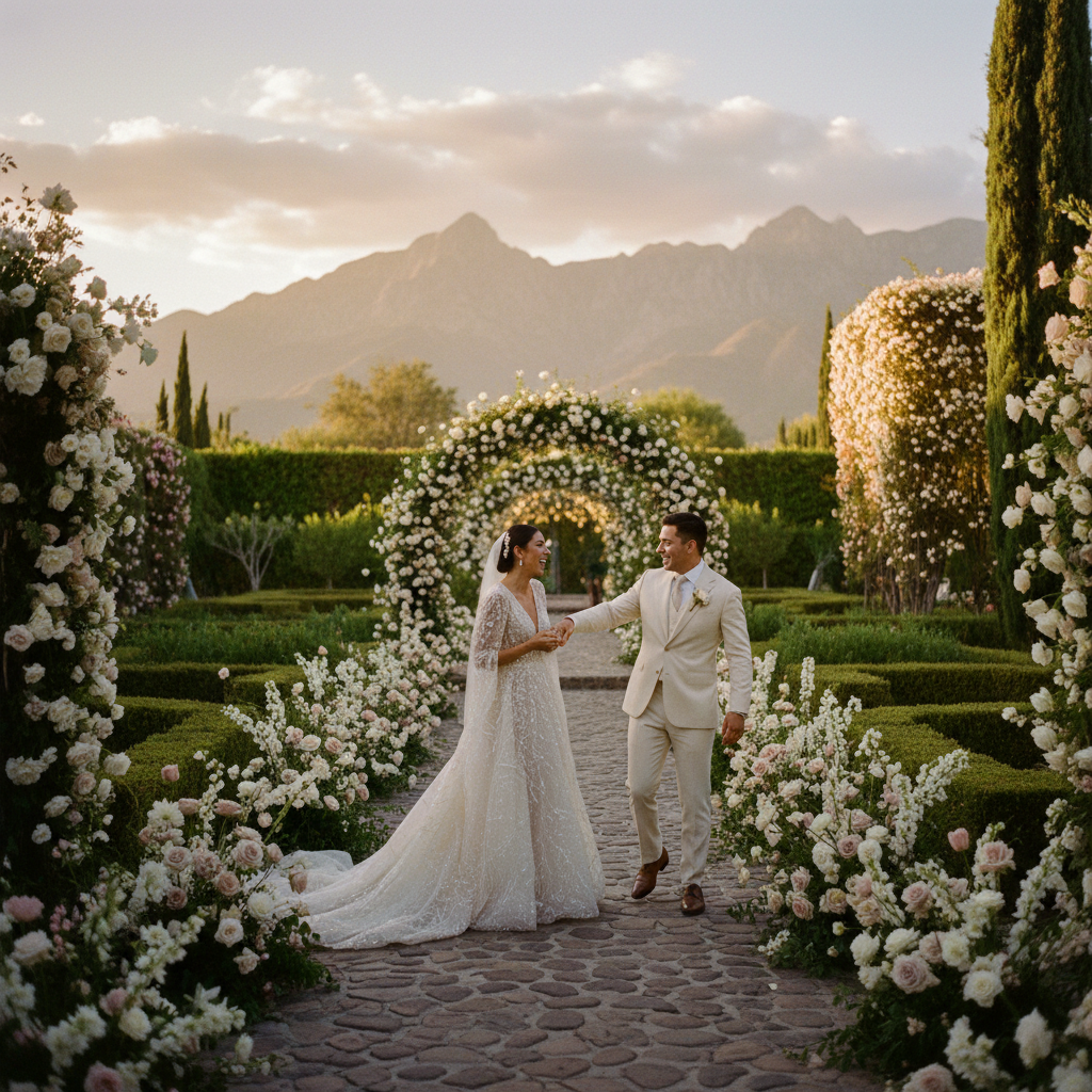 Pareja recién casada sonriendo y tomados de la mano en un exuberante jardín decorado para una boda en Monterrey, con la Sierra Madre de fondo al atardecer.