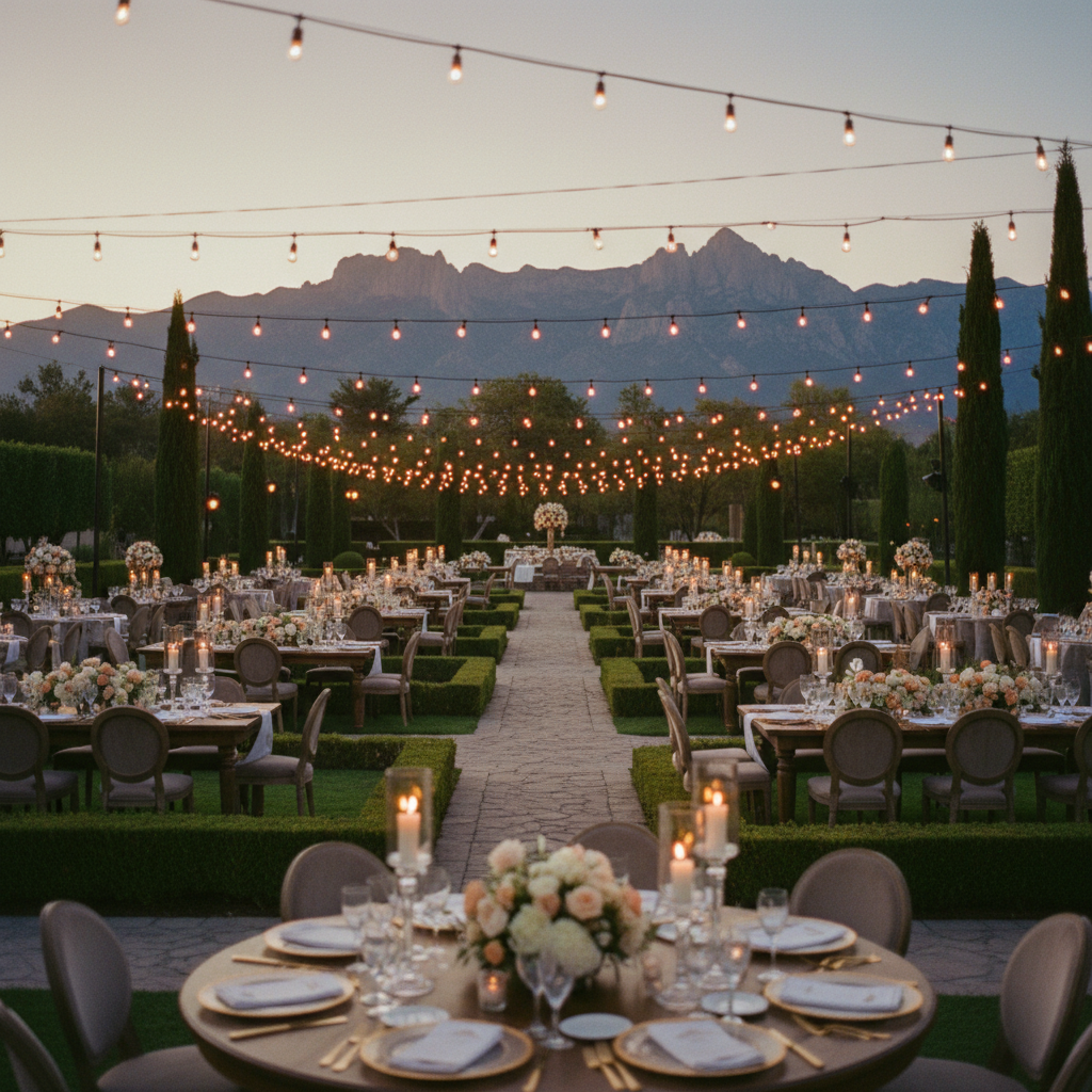 Vista panorámica de un elegante jardín para bodas en Monterrey al atardecer, con la Sierra Madre Oriental al fondo.