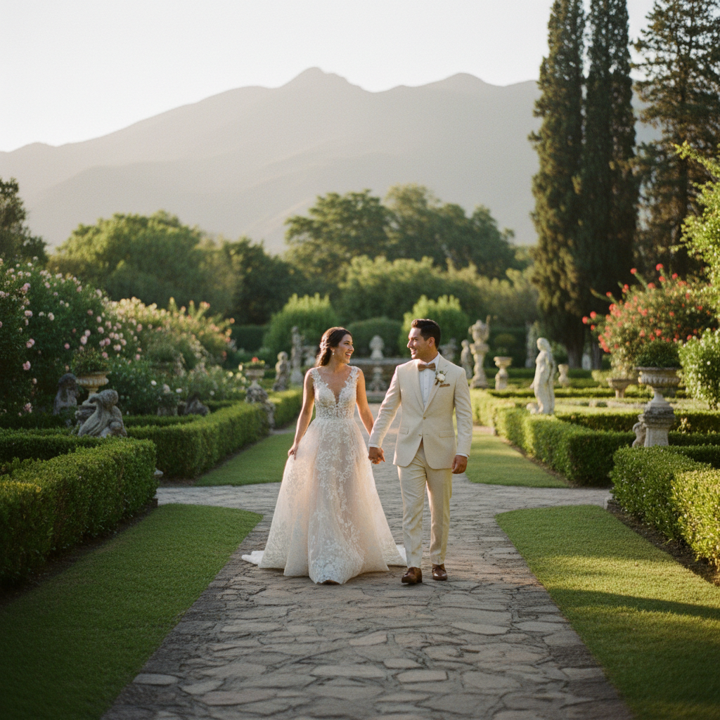 Una pareja de novios caminando por un sendero de piedra en un jardín frondoso en la zona de Santiago, Nuevo León.