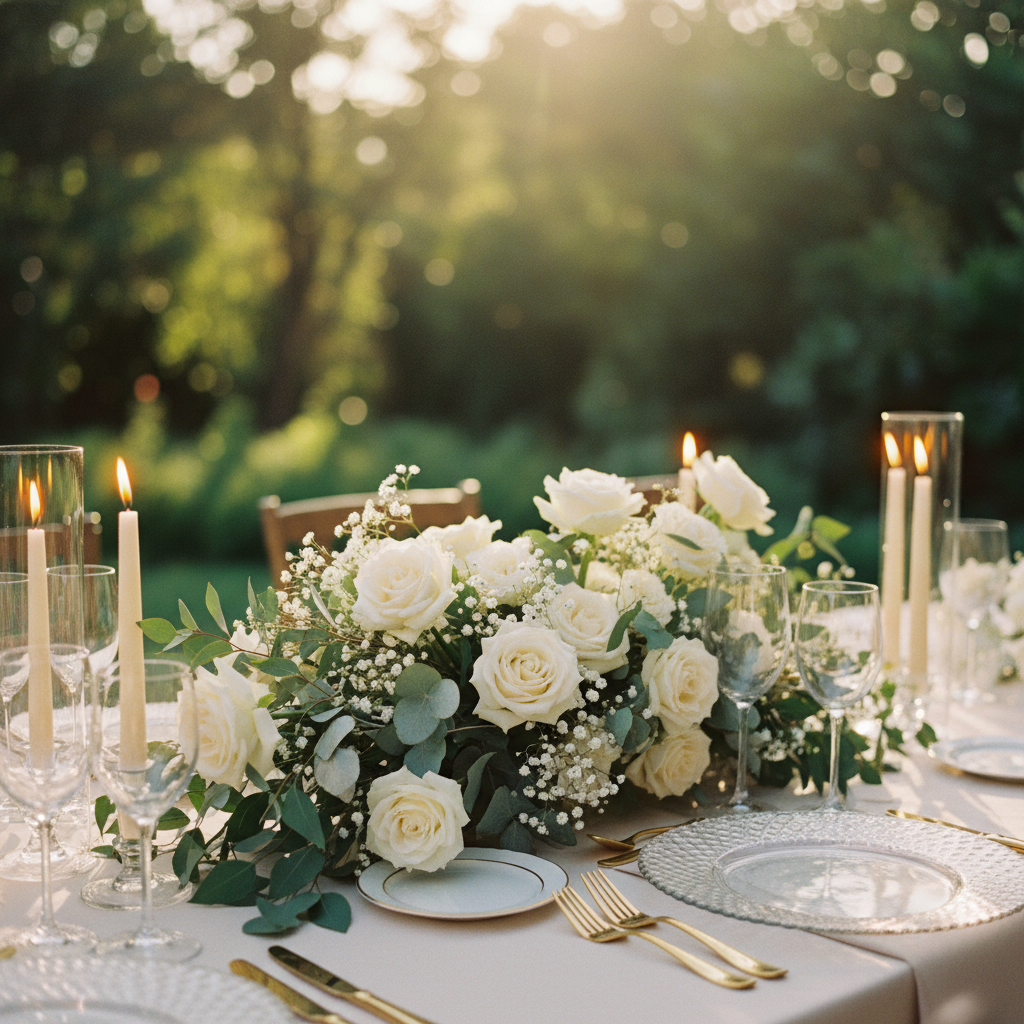 Detalle de una mesa de boda montada en un jardín, con arreglos florales de rosas blancas y eucalipto, velas y cubertería dorada.
