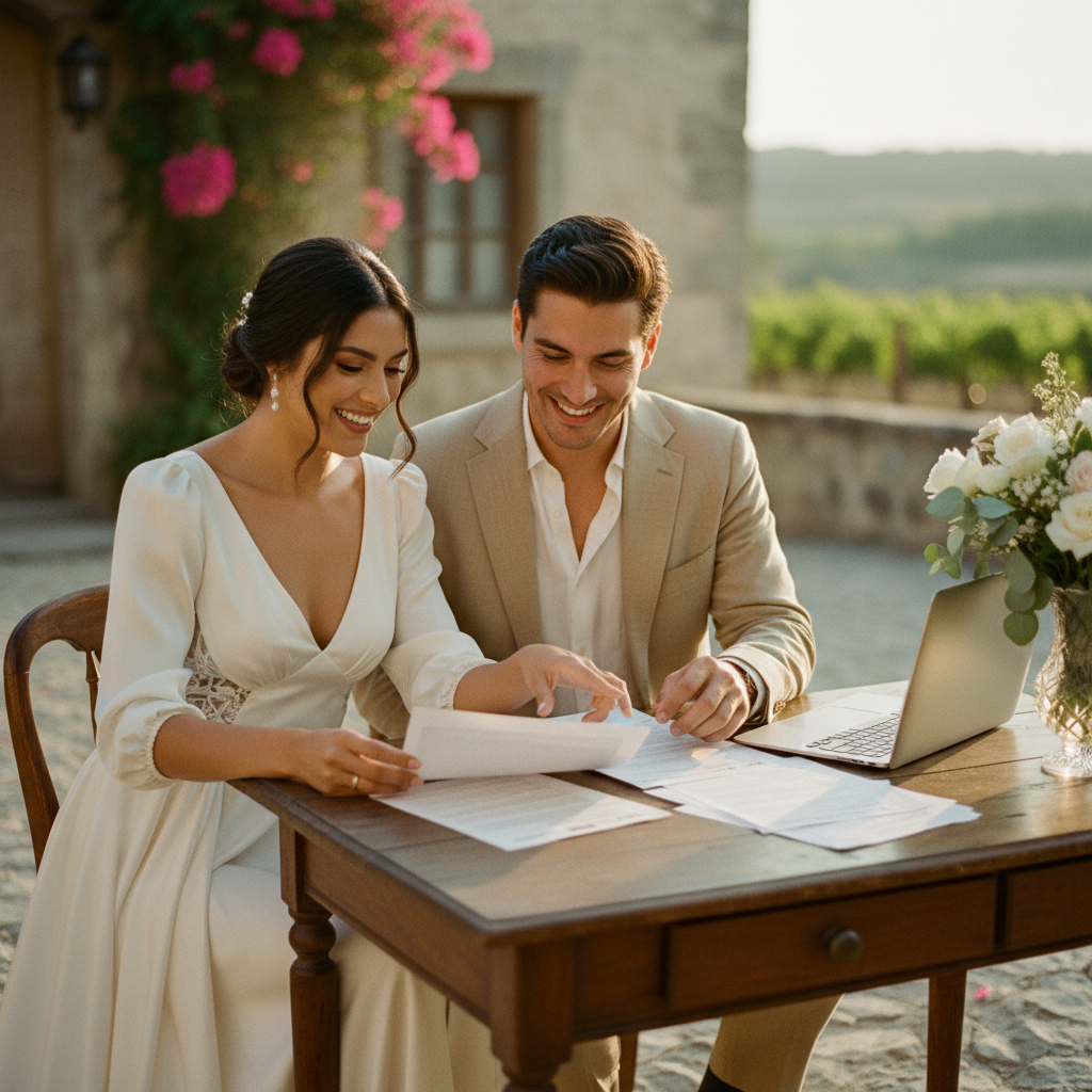 Pareja mexicana feliz revisando documentos de trámites de boda civil en una mesa de madera con laptop.