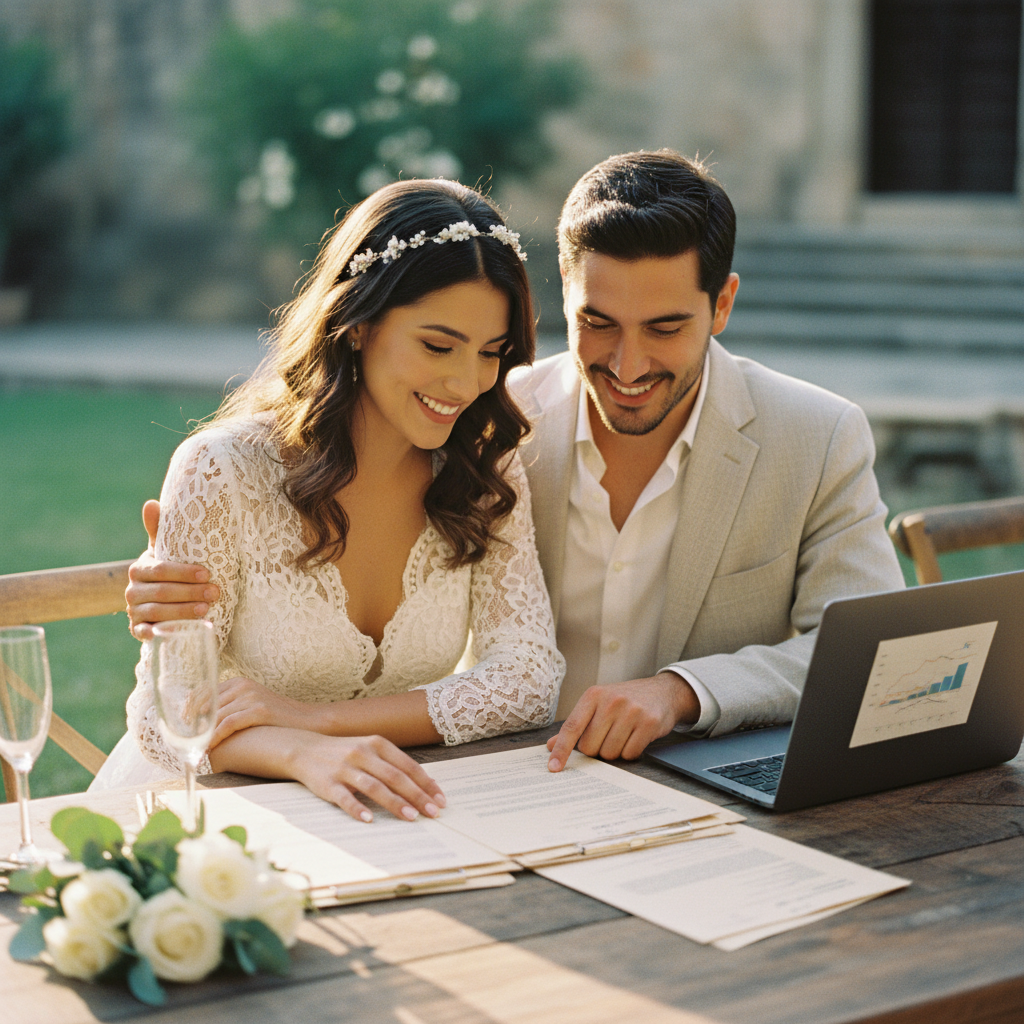 Pareja sonriente revisando documentos para sus trámites de boda civil