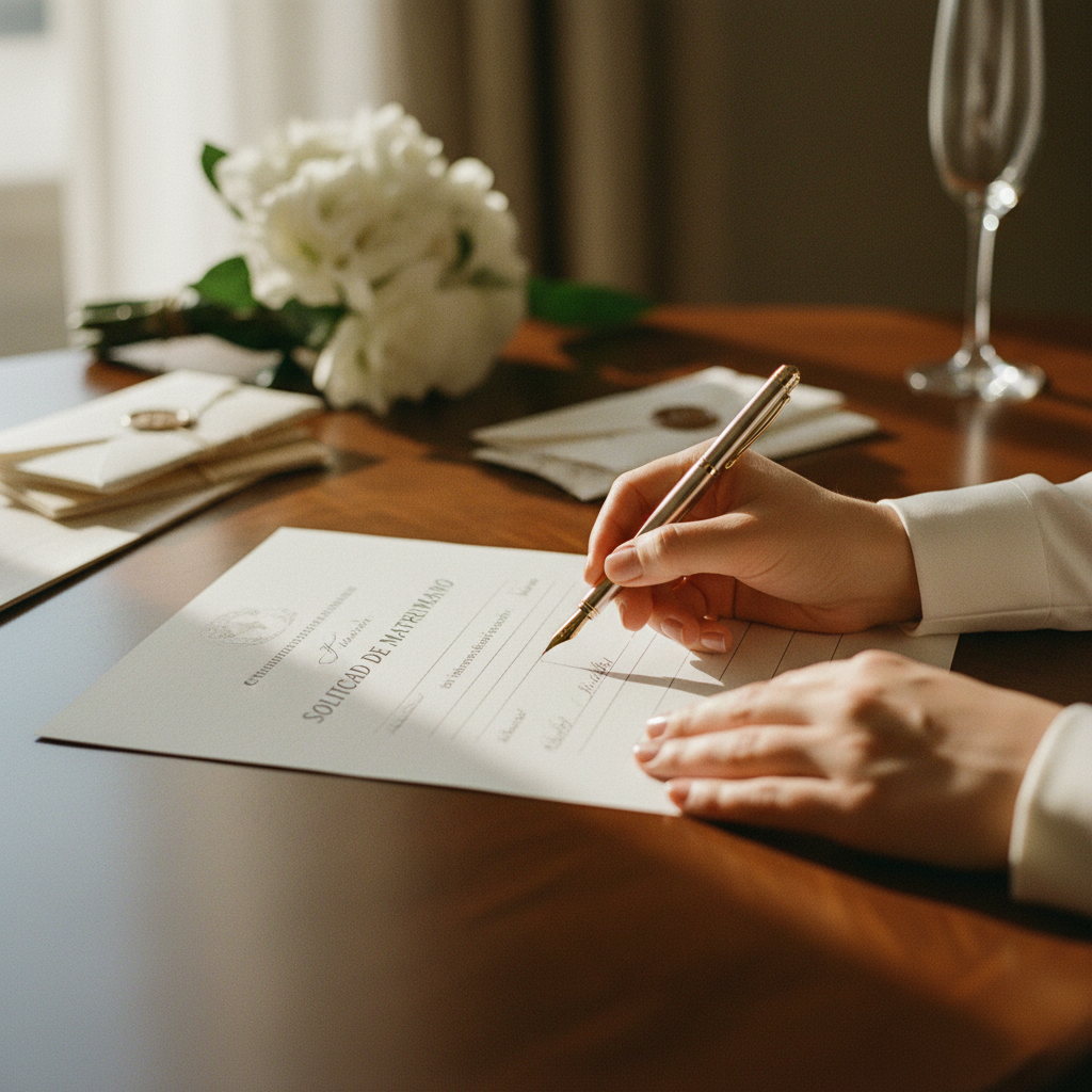Detalle de las manos de una persona llenando la solicitud de matrimonio para los trámites de boda civil