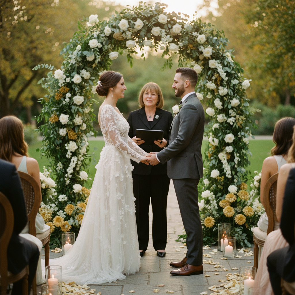 Juez del Registro Civil oficiando una boda íntima y elegante a domicilio