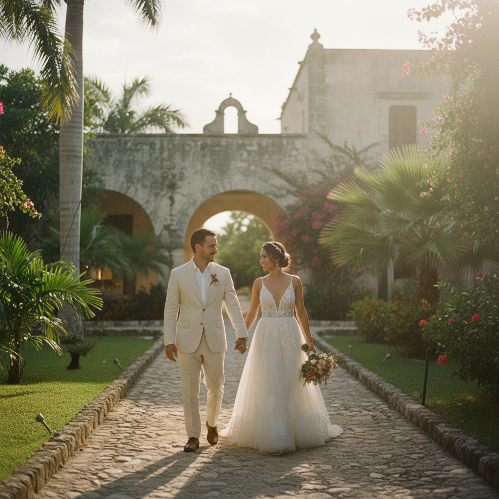 Pareja de recién casados caminando de la mano por los exuberantes jardines de una hacienda colonial en Yucatán al atardecer.