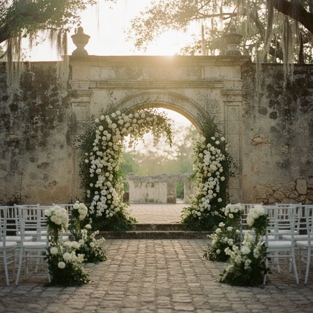 arco de hacienda decorado para ceremonia de boda en Yucatán