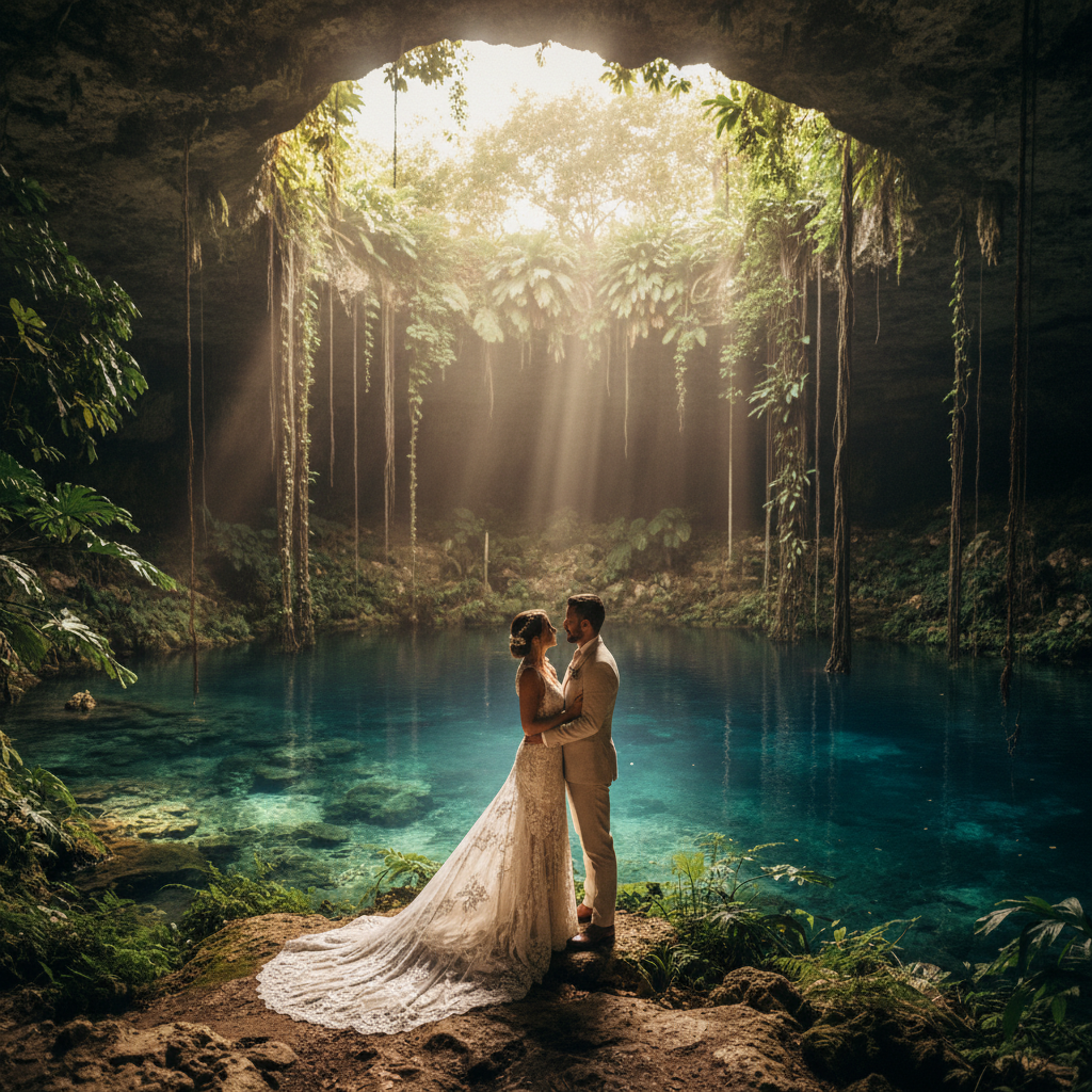 pareja de novios en un cenote en Yucatán
