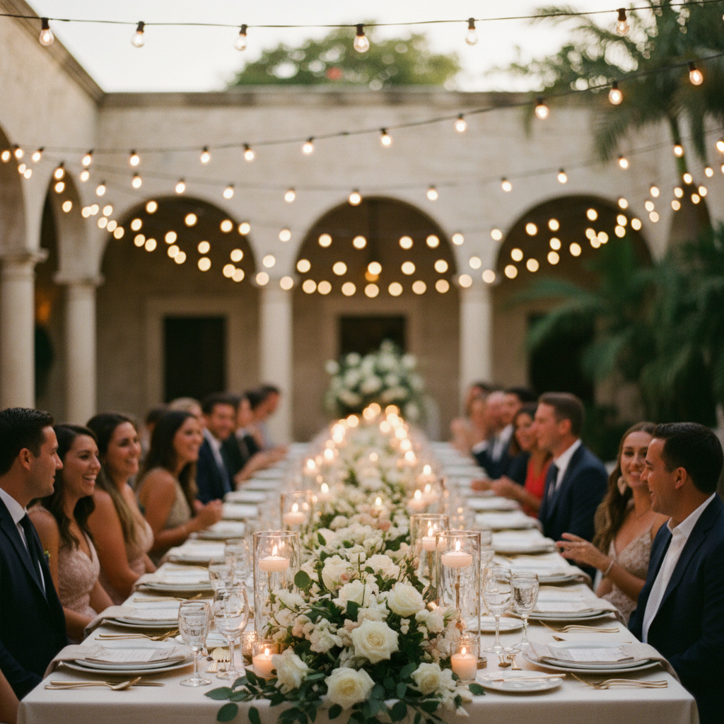 mesa de recepción de boda en el patio de una hacienda yucateca