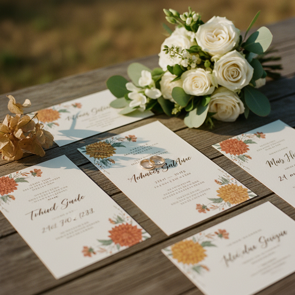 Invitaciones de boda elegantes con diseño floral sobre una mesa de madera rústica, con anillos de boda y flores en el fondo. Boda en México.