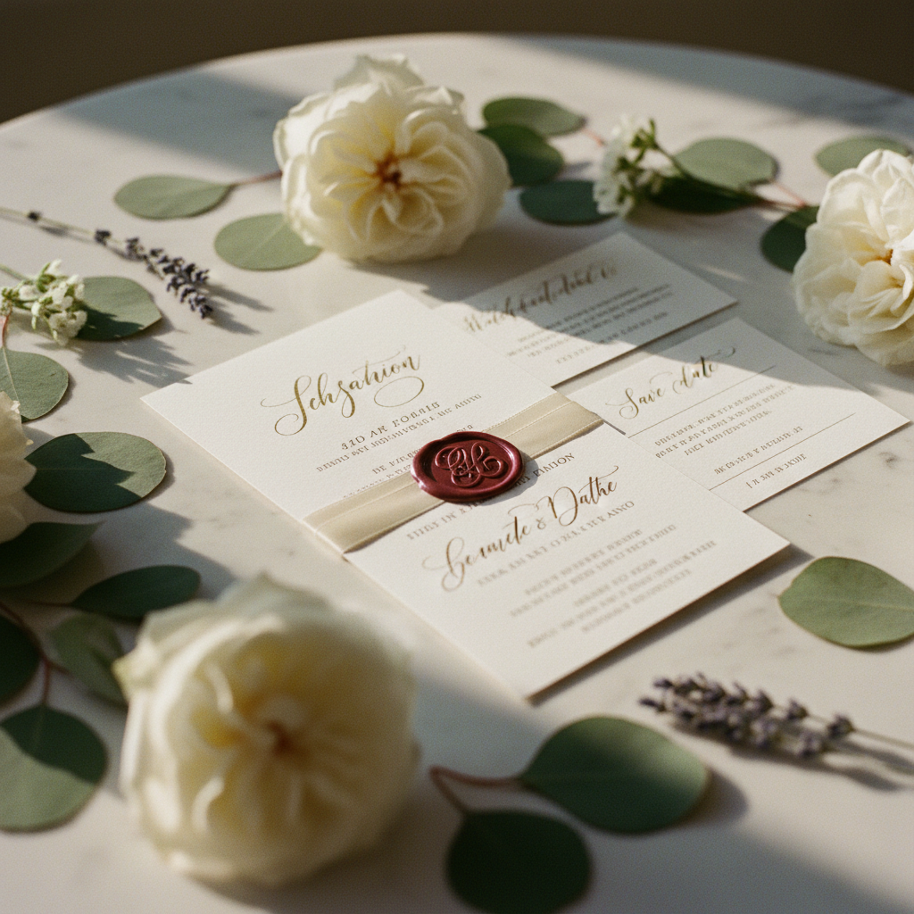 Una invitación de boda de papel grueso con tipografía elegante y un sello de cera, sobre una superficie de mármol junto a flores delicadas.