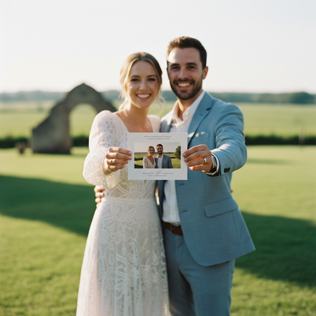 Una pareja joven y sonriente sostiene su invitación de boda de estilo moderno, con una foto de ellos en el fondo.
