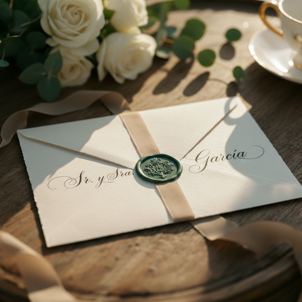 Detalle de un sobre de invitación de boda con caligrafía a mano, mostrando el nombre de los invitados "Sr. y Sra. García".