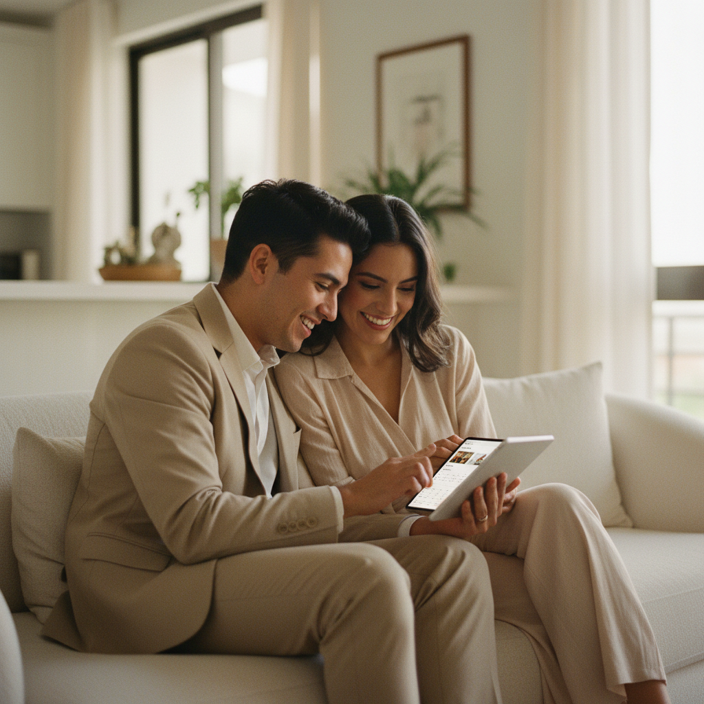 Pareja mexicana sonriente revisando los requisitos de su boda civil en una tablet.