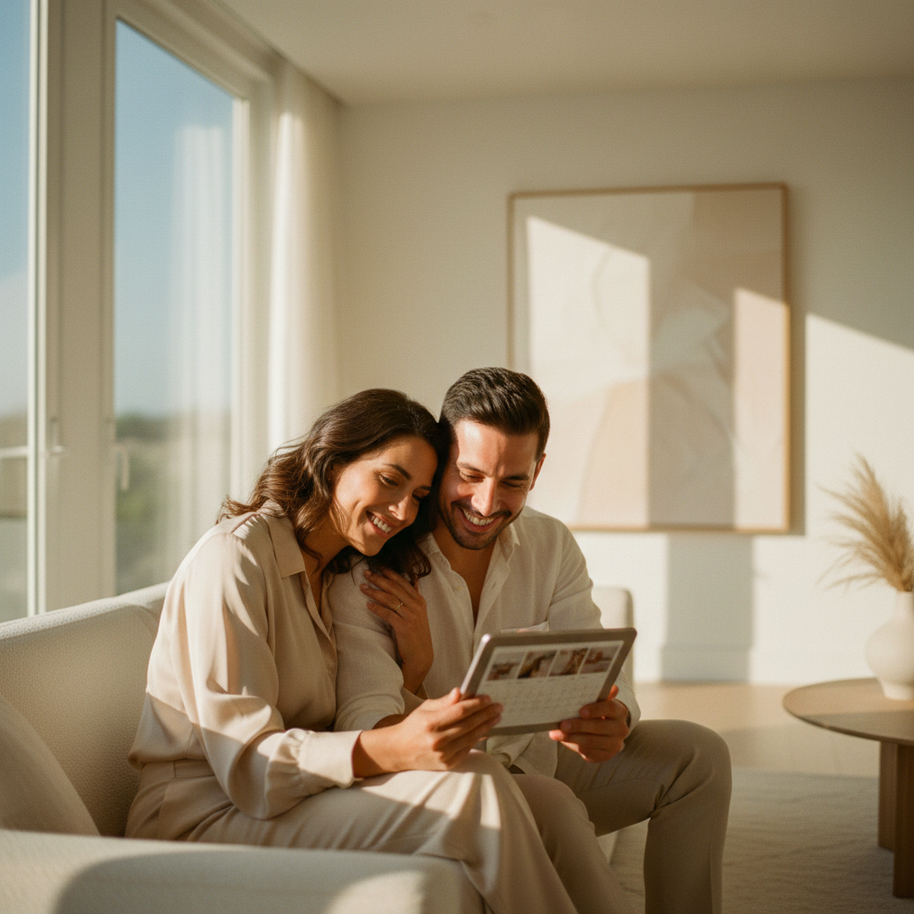 Una pareja revisando los requisitos para su boda civil en una tablet.