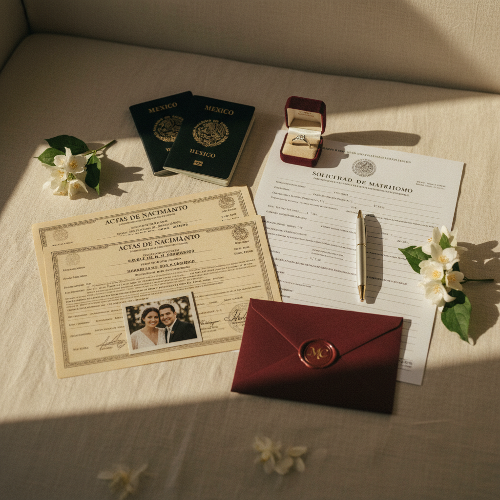 Documentos y anillos de boda sobre una mesa de madera.
