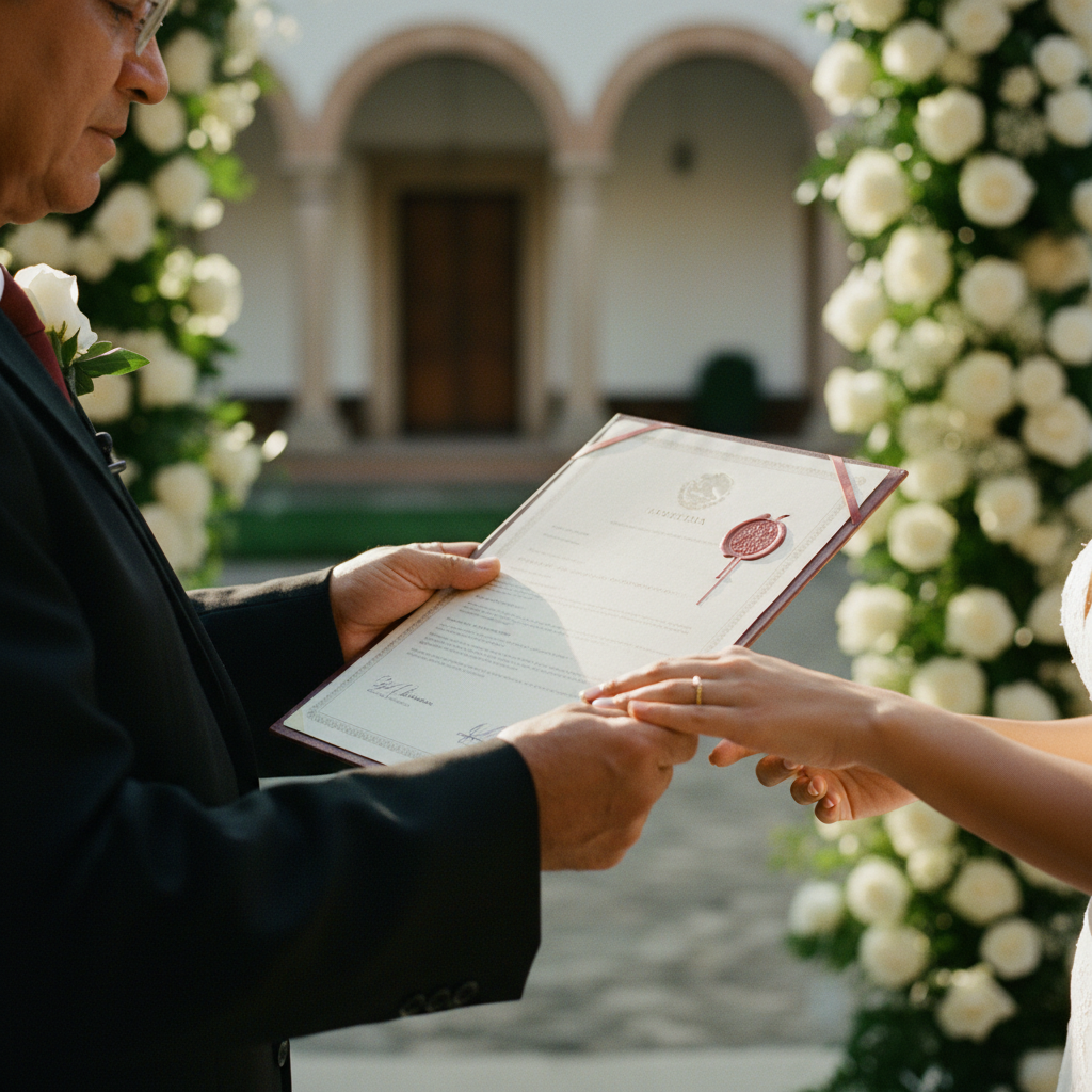 Un juez oficiando una boda civil íntima en México.