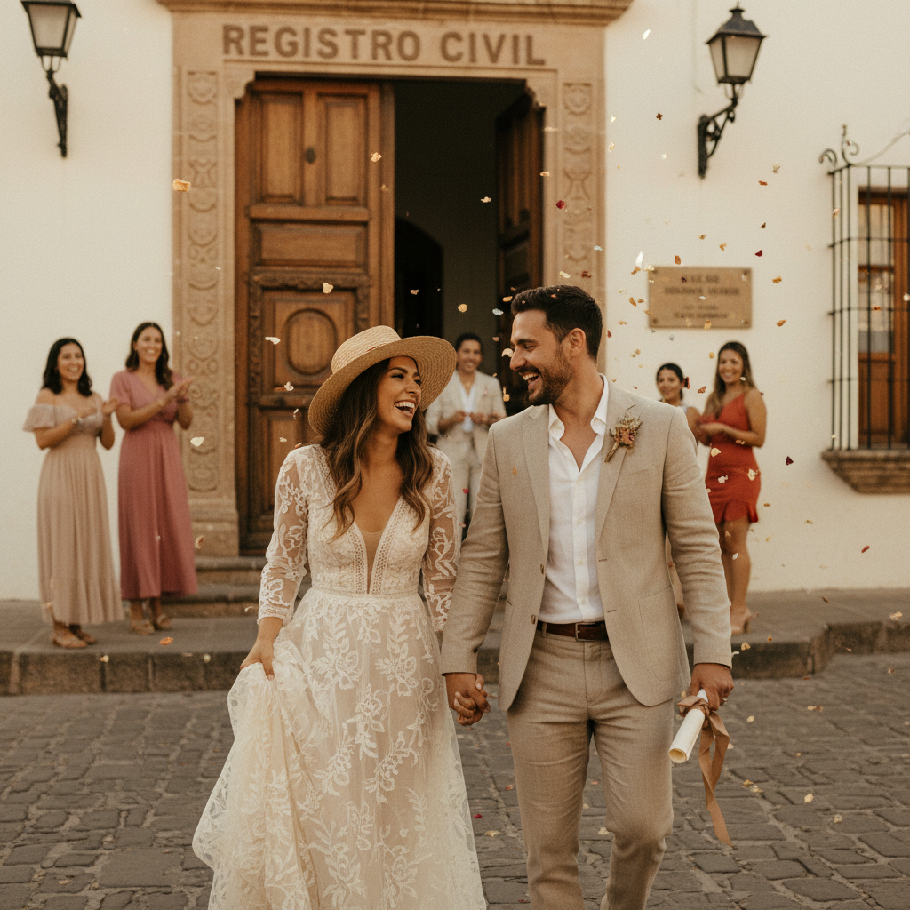 Pareja recién casada celebrando después de su boda civil.