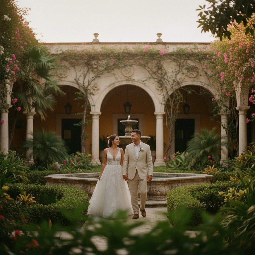 Pareja de novios sonriente caminando de la mano por un jardín exuberante de una hacienda colonial en Mérida, con luz cálida al atardecer, estilo editorial de boda