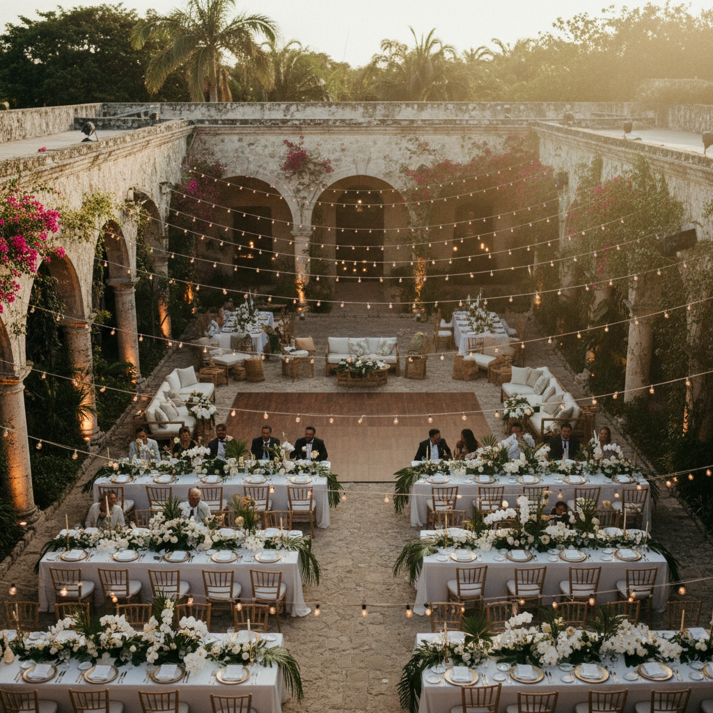 Vista aérea de una elegante boda en el patio de una hacienda henequenera en Yucatán, con luces de verbena y vegetación tropical.