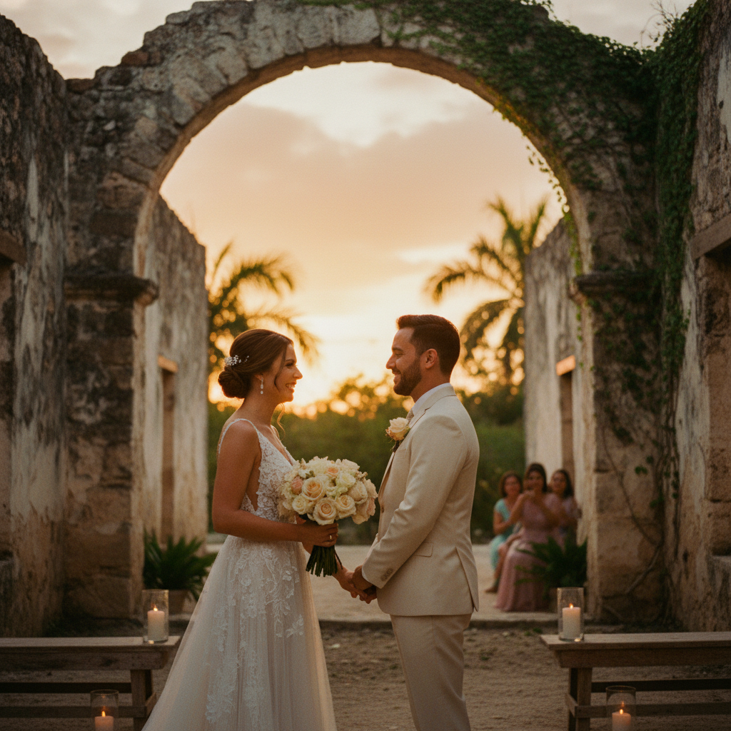 Una pareja de novios durante su ceremonia al atardecer, con las ruinas de una capilla de hacienda yucateca de fondo.